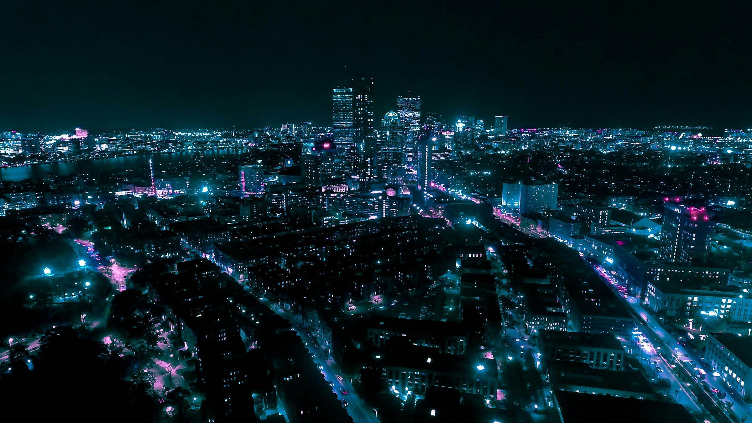 Boston's Back Bay at night, seen from above